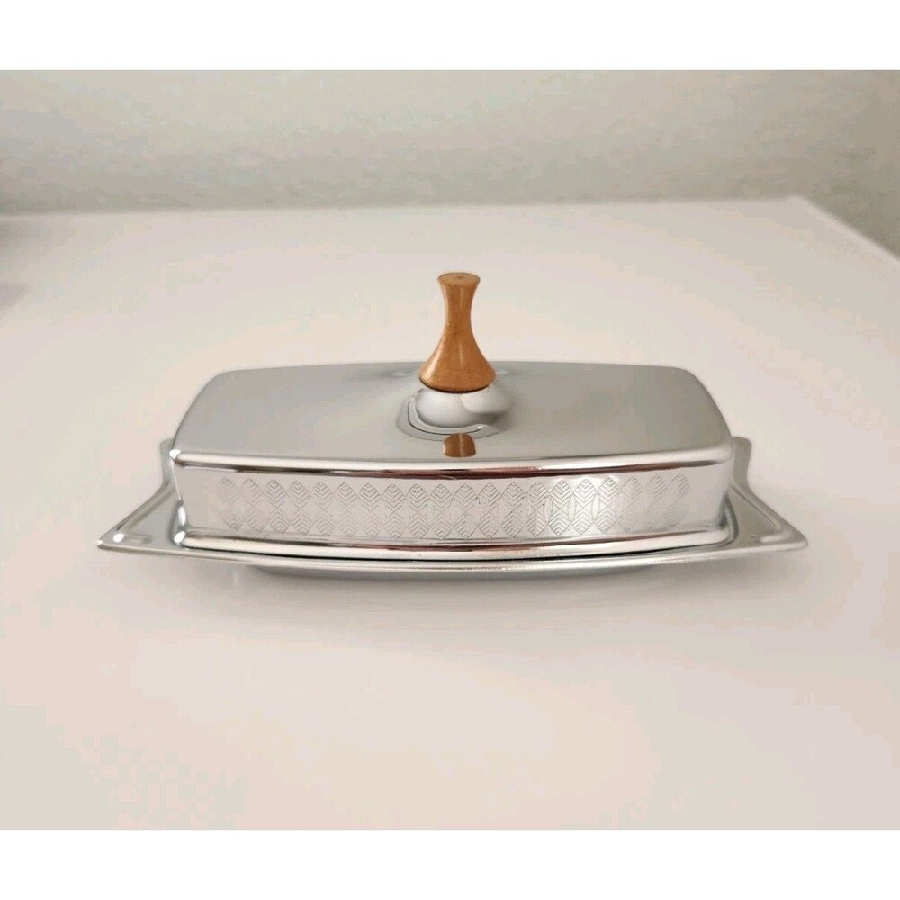 Mid Century Modern Butter Dish Wood Handle Chrome Leaf Etched Hellerware 3 piece